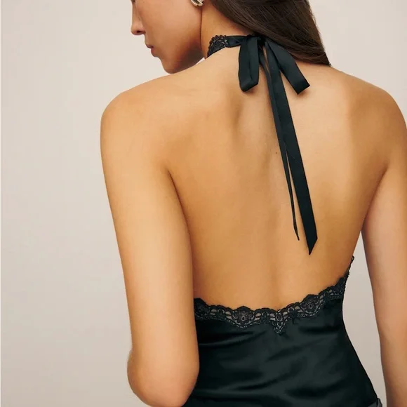 Reformation NWT Black Lace Trim Monica Silk Tank Top - Picture 3 of 11